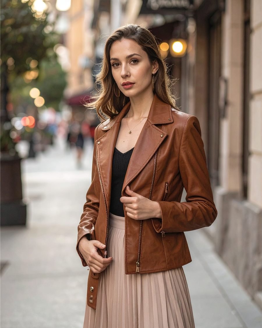 Mujer con chaqueta de cuero cognac de Couturatex