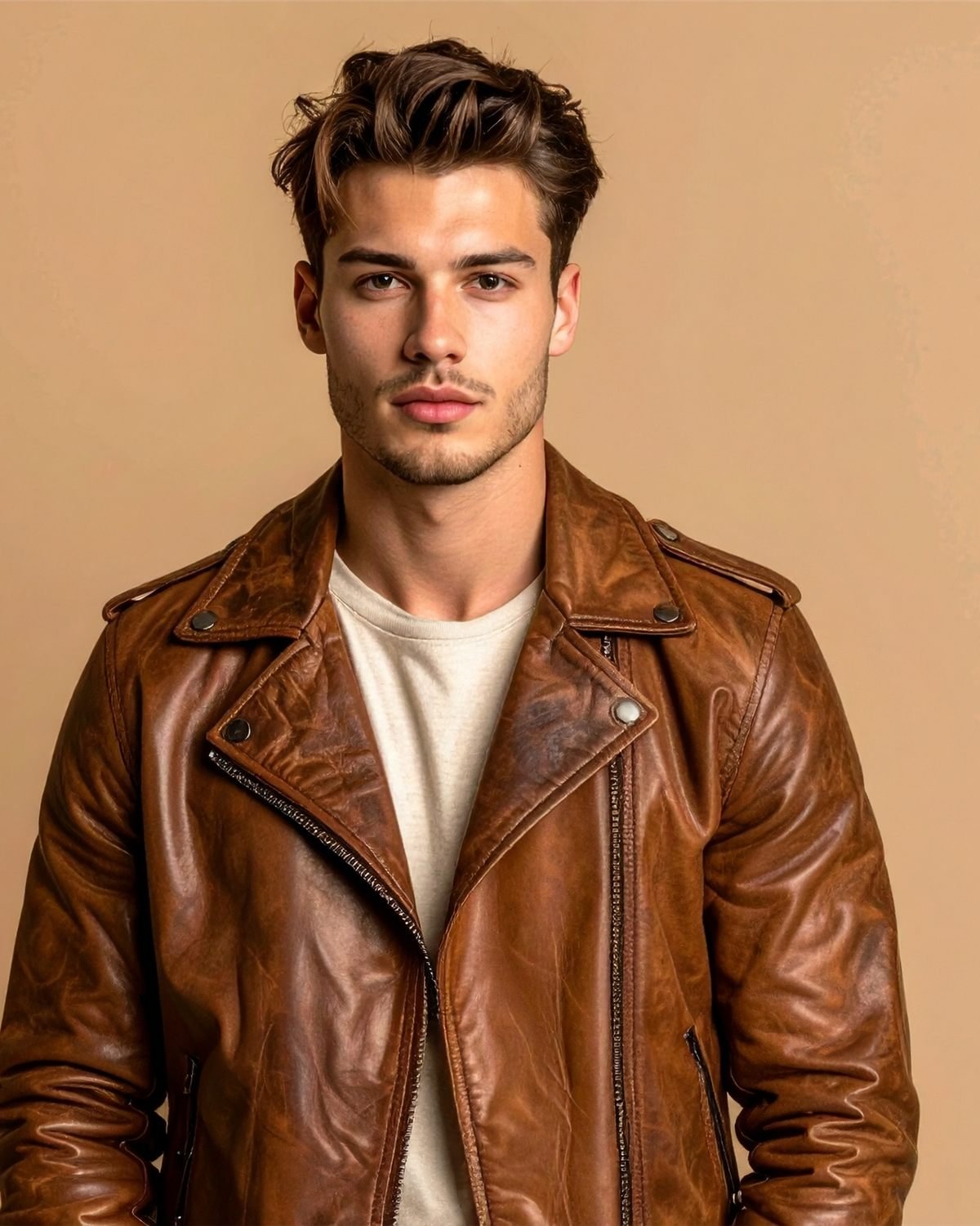 Hombre con chaqueta de cuero cognac de Wild Frontier