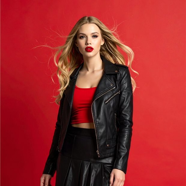 Look de cuero de Wild Rose sobre fondo rojo
