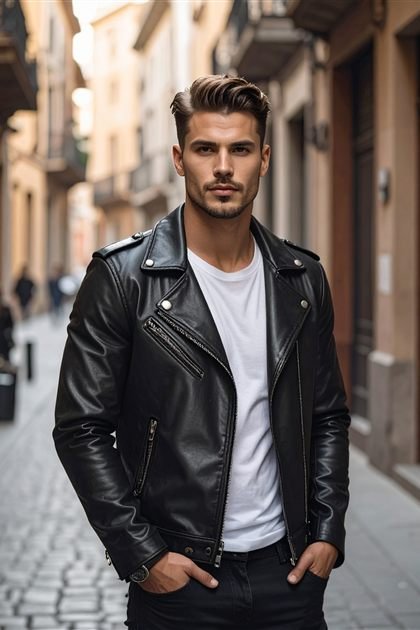 Hombre con chaqueta de cuero negra de Wild Frontier